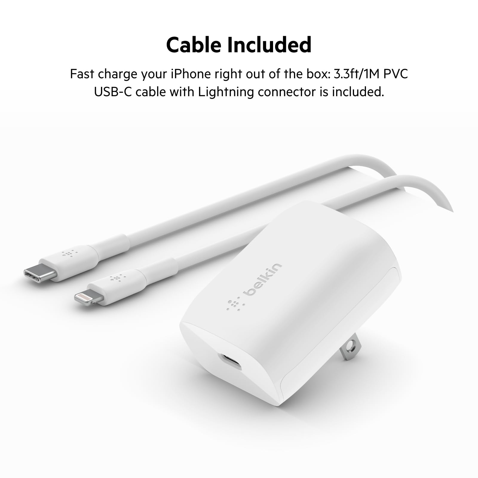 Belkin 20-Watt USB-C Wall Charger, Power Delivery USB-C Charger, PPS Fast Charging for Apple iPhone 15, 15 Plus, 15 Pro, 15 Pro Max, 14, 14 Pro, 14 Pro Max, Galaxy S23, iPad, AirPods & More - White