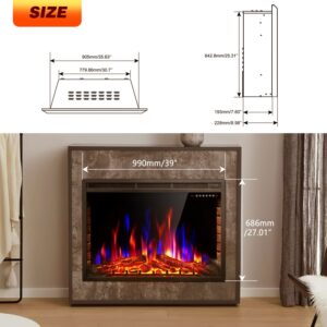 XBeauty 39 Inch Electric Fireplace Insert, Electric Heater with Touch Screen,Colorful Flame & Timer Control,750W-1500W and Remote Control.