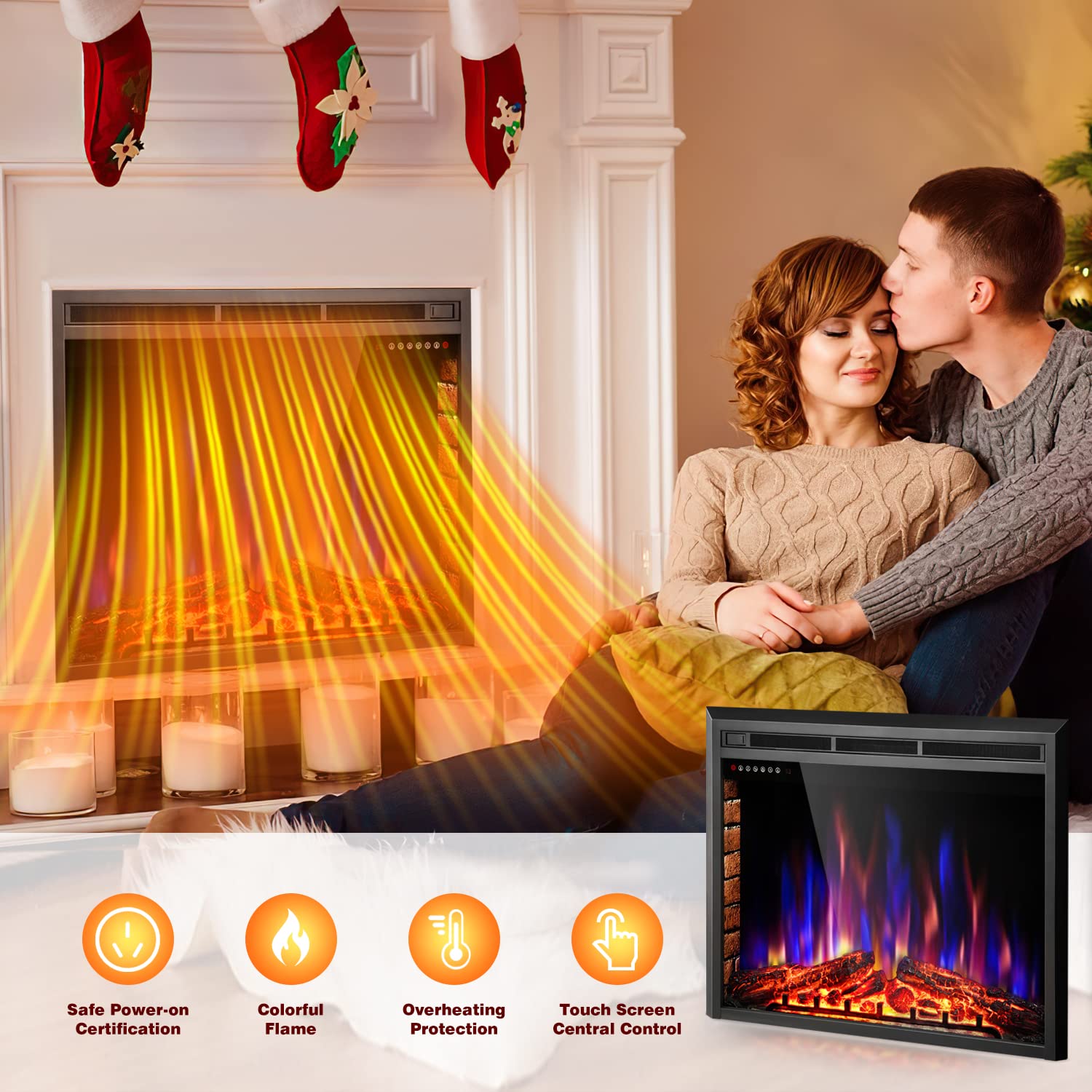 XBeauty 39 Inch Electric Fireplace Insert, Electric Heater with Touch Screen,Colorful Flame & Timer Control,750W-1500W and Remote Control.