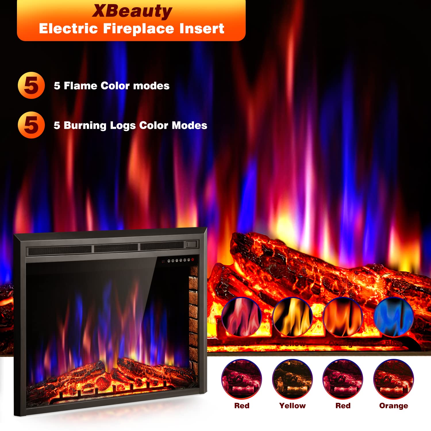 XBeauty 39 Inch Electric Fireplace Insert, Electric Heater with Touch Screen,Colorful Flame & Timer Control,750W-1500W and Remote Control.