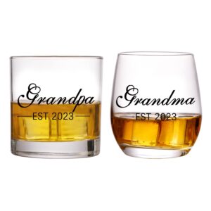 axqania grandpa grandma wine glass set - 2023 11 oz whiskey glass gift set, announcement whiskey glass set promoted to grandma & grandpa