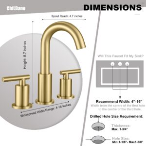 Brushed Gold Bathroom Faucet with Sink Drain and Supply Hose, 8 inch Widespread Bathroom Faucet 3 Hole, ChiLDano Gold Bathroom Faucet CH2183BG