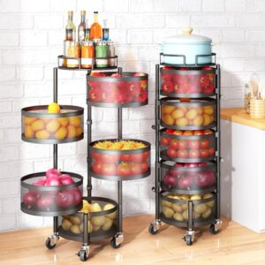 sntd fruit and vegetable basket bowls for kitchen with metal top lid, 5 tier rotating storage rack cart for potato onion bread banana, wire basket organizer on wheels, large, black