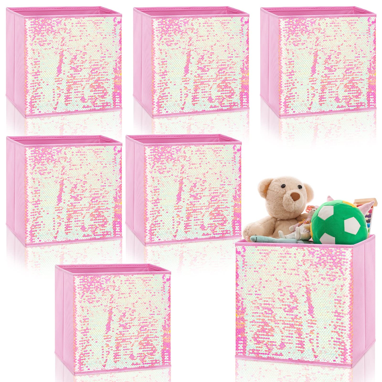 6 Pcs Christmas Foldable Sequin Storage Basket Bin 10 Inch Large Fabric Storage Cubes Storage Bin Closet Bins Christmas Bins Shelf Baskets Kids Toys Organizer Boxes for Christmas Home(Pink)