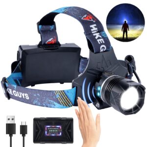 led rechargeable headlamp, headlight 90000 lumens super bright with 6 modes & ipx5 warning light, motion sensor adjustable headband head lamp, 60° for adult outdoor camping running cycling