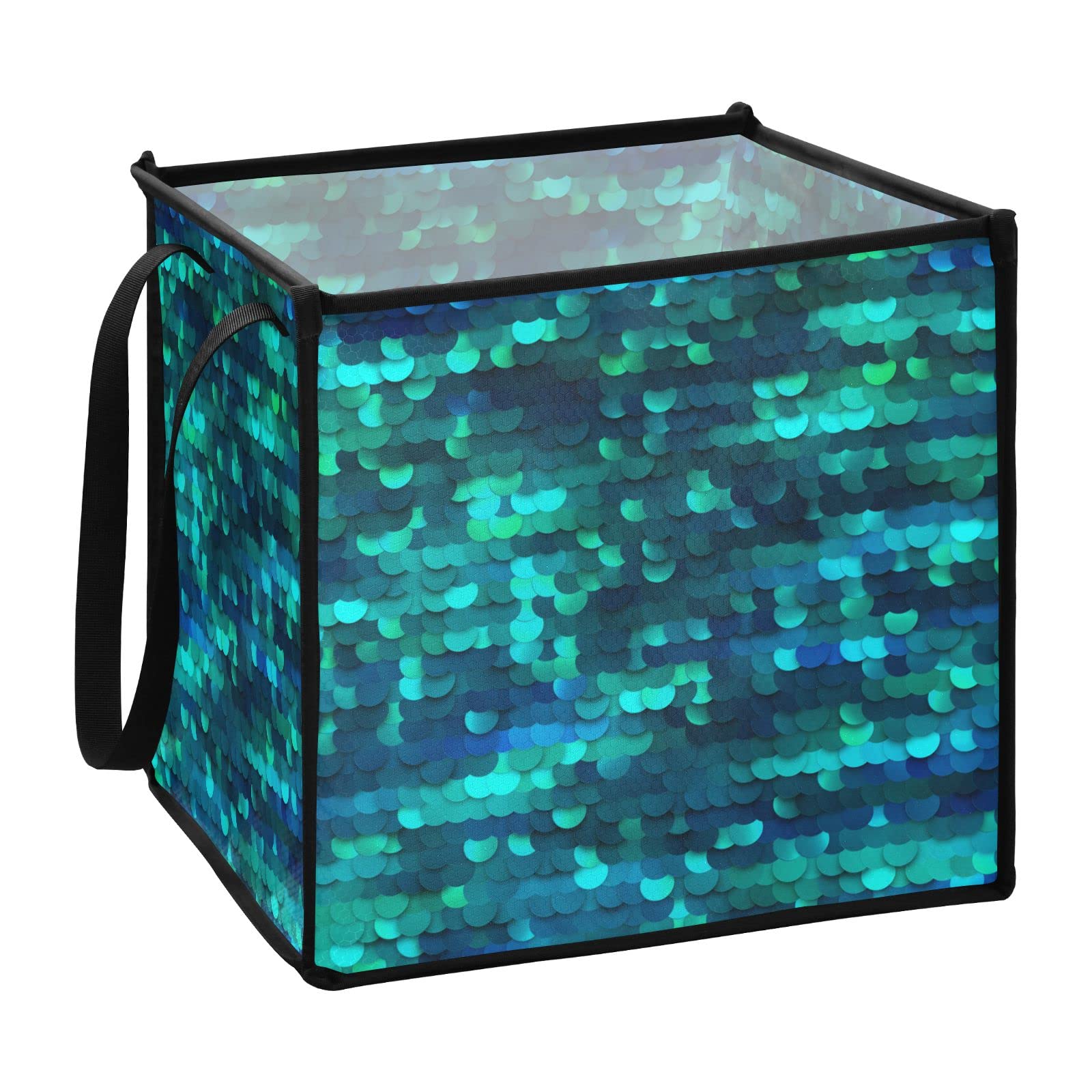 KEEPREAL Mermaid Sequins Cube Storage Bin with Handles, Large Collapsible Organizer Storage Basket for Home Decorative(1Pack,10.6 x 10.6 x 10.6 in)