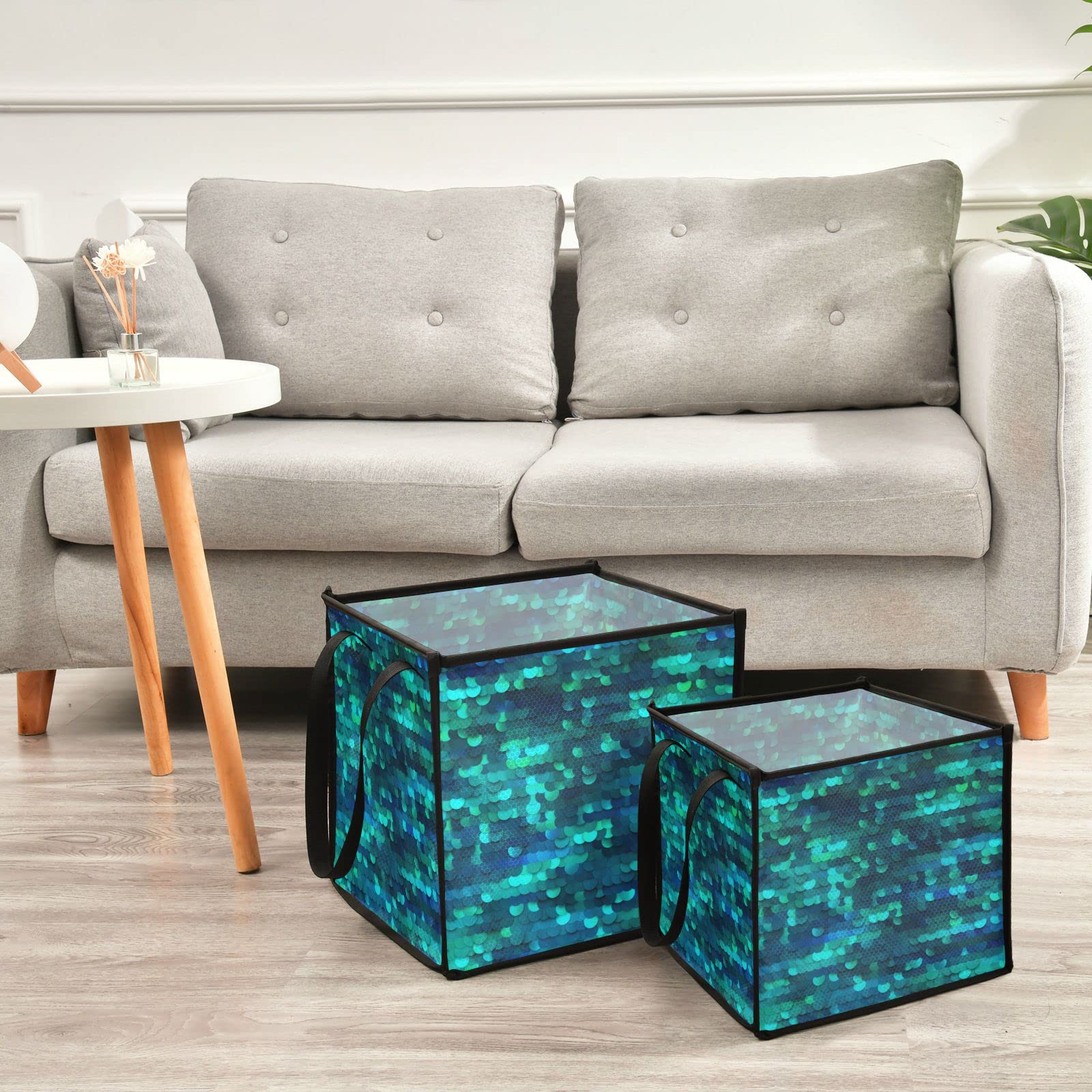 KEEPREAL Mermaid Sequins Cube Storage Bin with Handles, Large Collapsible Organizer Storage Basket for Home Decorative(1Pack,10.6 x 10.6 x 10.6 in)