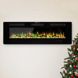 60" electric fireplace, cool to the touch fireplace heater, recessed and wall mounted fireplaces with timer remote control adjustable flame color, black