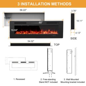 60" Electric Fireplace, Cool to The Touch Fireplace Heater, Recessed and Wall Mounted Fireplaces with Timer Remote Control Adjustable Flame Color, Black