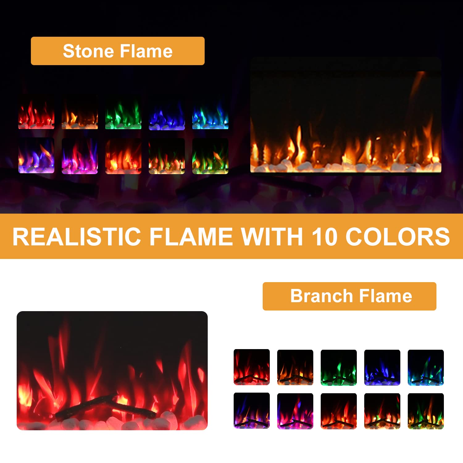 60" Electric Fireplace, Cool to The Touch Fireplace Heater, Recessed and Wall Mounted Fireplaces with Timer Remote Control Adjustable Flame Color, Black