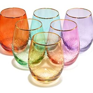 Hand Cut Stemless Wine Glasses - Set of 6 - Gold Rim, Crystal Colored Wine Glasses - Wine Tumblers for Red and White Wine, Water Glasses, Drinking, Elegant Vintage Gilded Art Deco 15 oz Vibrant Glass