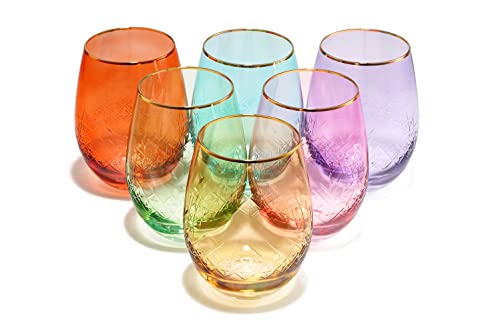 Hand Cut Stemless Wine Glasses - Set of 6 - Gold Rim, Crystal Colored Wine Glasses - Wine Tumblers for Red and White Wine, Water Glasses, Drinking, Elegant Vintage Gilded Art Deco 15 oz Vibrant Glass