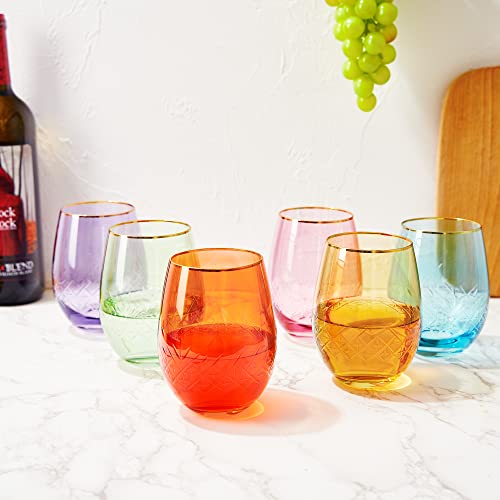 Hand Cut Stemless Wine Glasses - Set of 6 - Gold Rim, Crystal Colored Wine Glasses - Wine Tumblers for Red and White Wine, Water Glasses, Drinking, Elegant Vintage Gilded Art Deco 15 oz Vibrant Glass