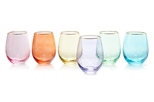 Hand Cut Stemless Wine Glasses - Set of 6 - Gold Rim, Crystal Colored Wine Glasses - Wine Tumblers for Red and White Wine, Water Glasses, Drinking, Elegant Vintage Gilded Art Deco 15 oz Vibrant Glass