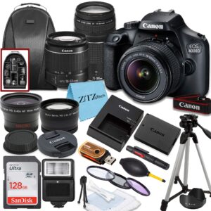canon eos t100/4000d dslr camera with ef-s 18-55mm lens, sandisk memory card, tripod, flash, backpack + zeetech accessory bundle (canon 18-55mm + 75-300mm, sandisk 128gb) (renewed)