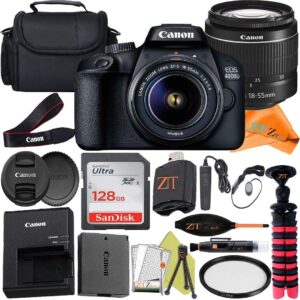 canon eos 4000d (rebel t100) dslr camera 18-55mm zoom lens + zeetech accessory bundle with sandisk 128gb memory card, bag, tripod and uv filter (renewed)
