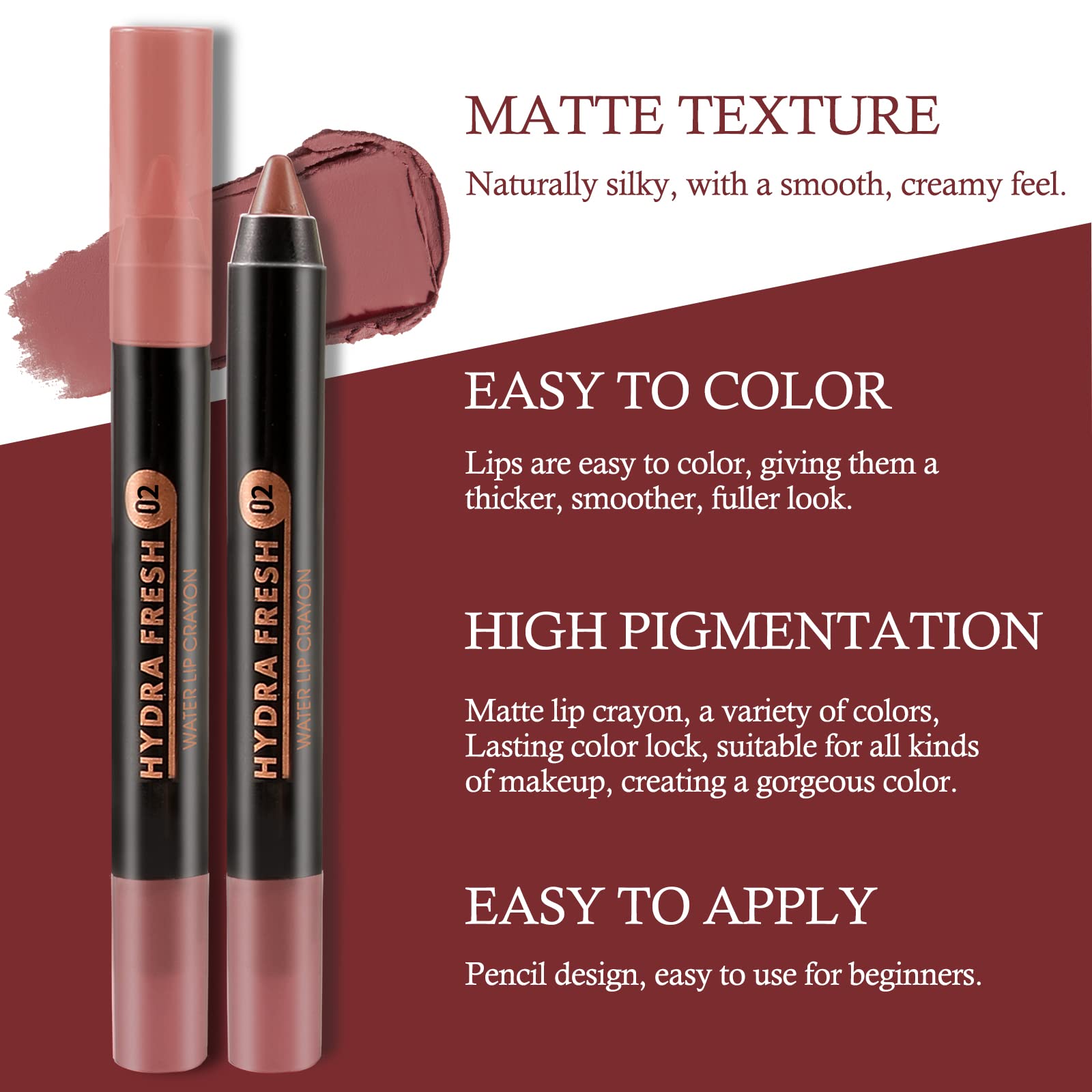 Boobeen Matte Lip Crayon Lipstik Pencil Velvety Creamy Matte Lip Liner Full Coverage High Pigment Waterproof Long Lasting Lipstick for Women, Matte Lip Color with Smooth