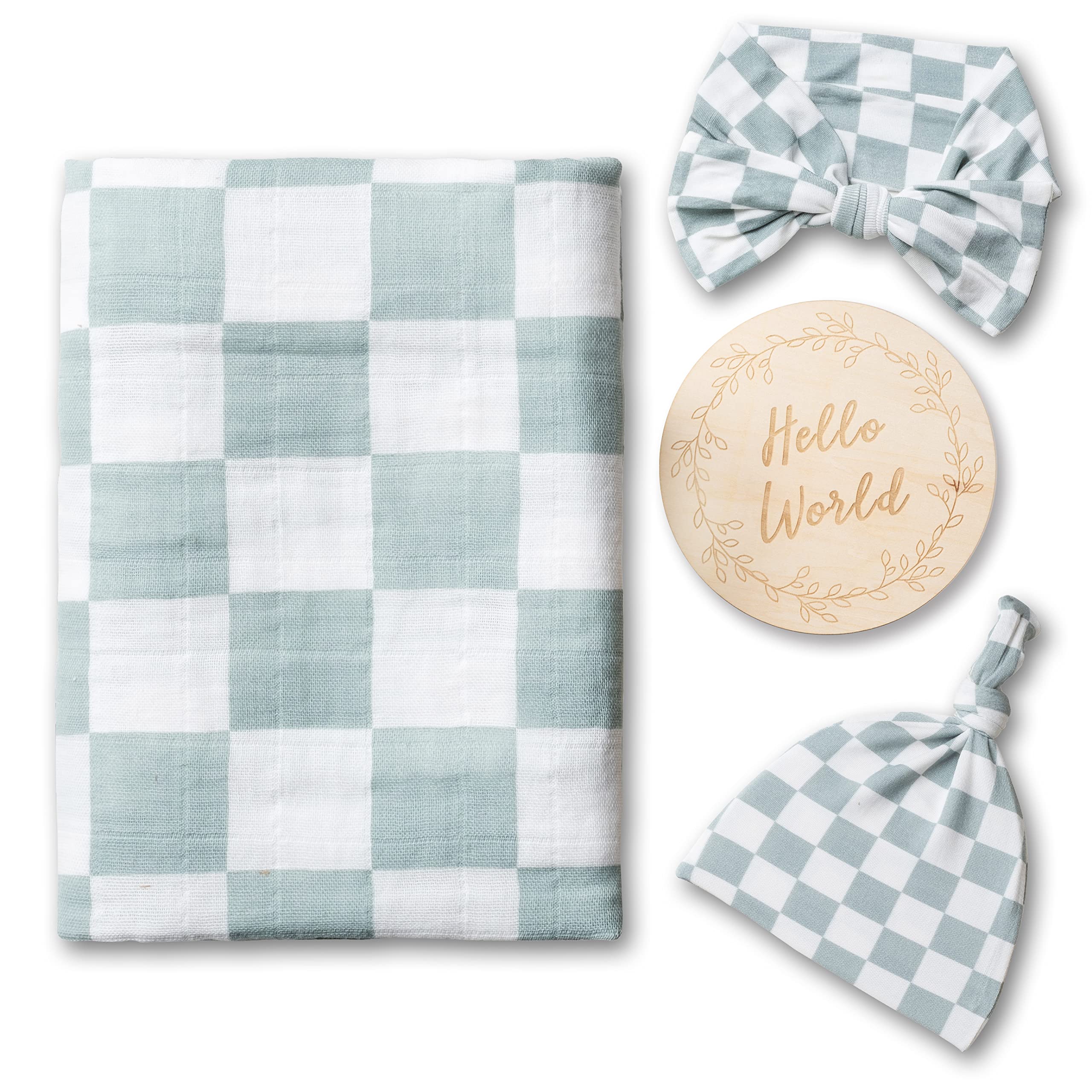 Miaoberry 100% Organic Muslin Swaddle Set| Sage Green Checkered