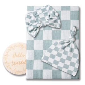 Miaoberry 100% Organic Muslin Swaddle Set| Sage Green Checkered