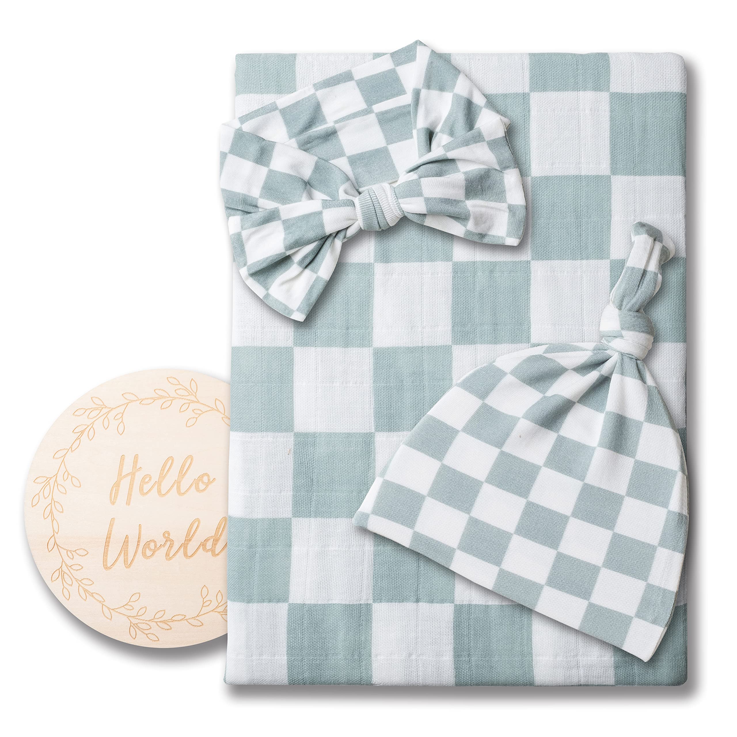 Miaoberry 100% Organic Muslin Swaddle Set| Sage Green Checkered