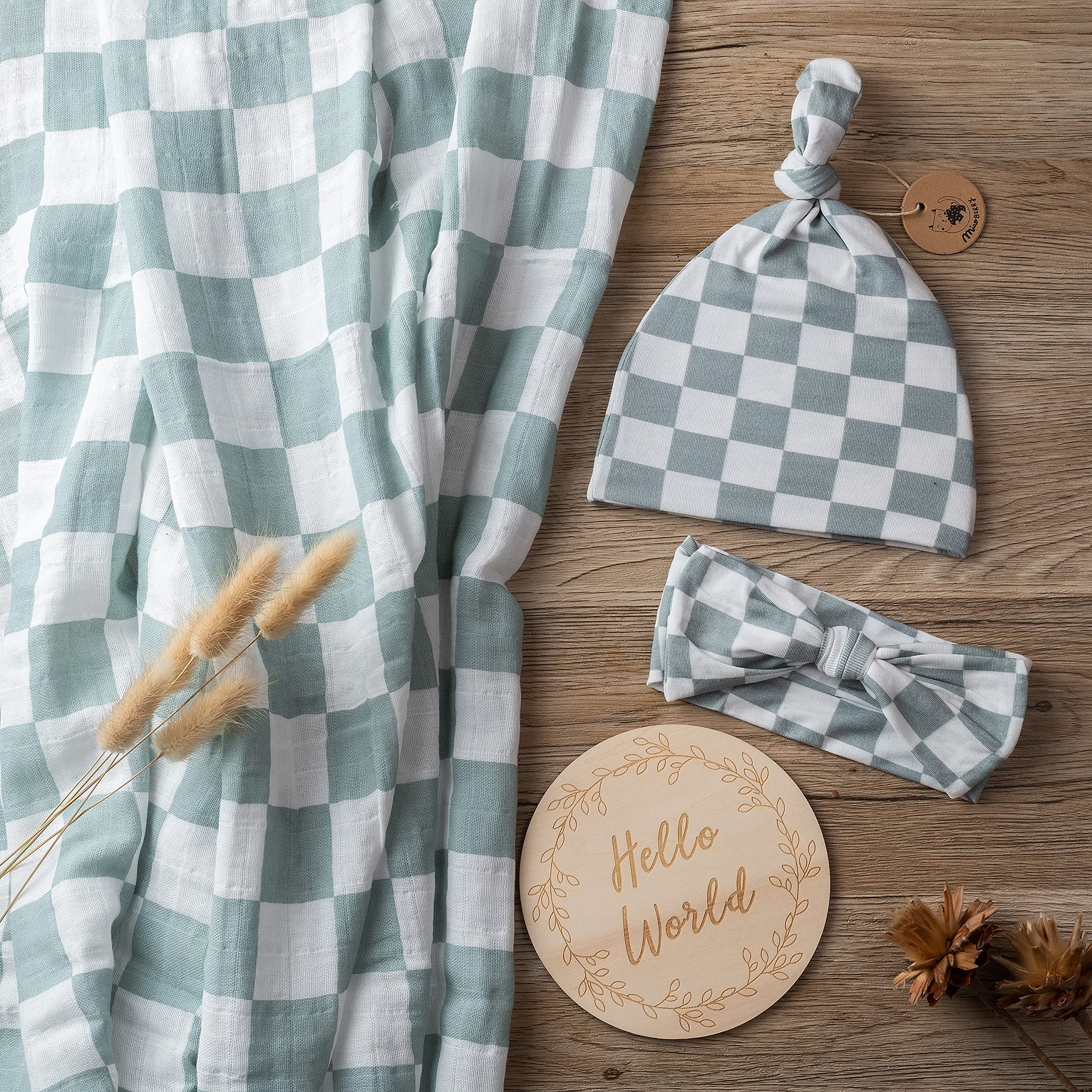 Miaoberry 100% Organic Muslin Swaddle Set| Sage Green Checkered