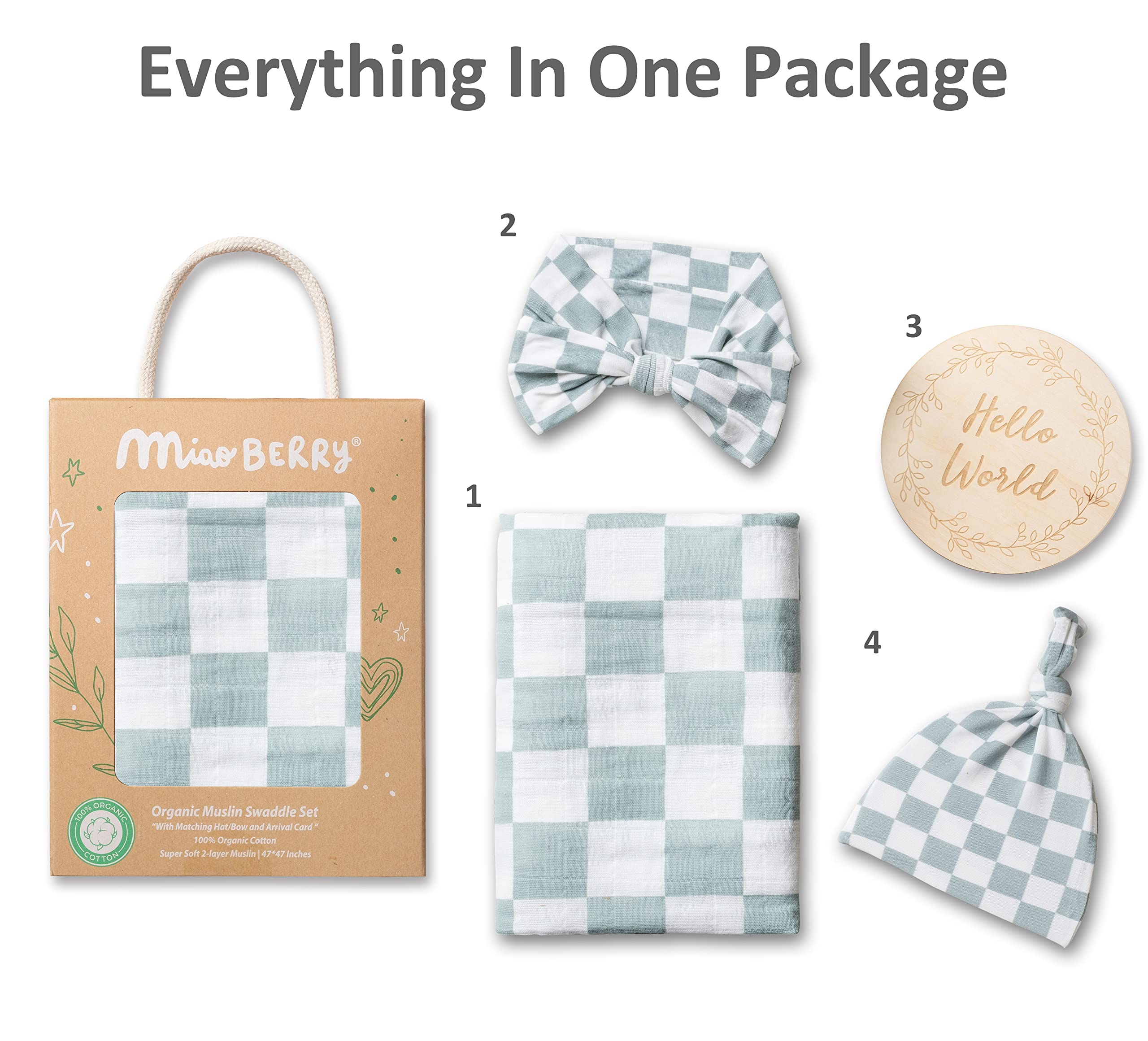 Miaoberry 100% Organic Muslin Swaddle Set| Sage Green Checkered