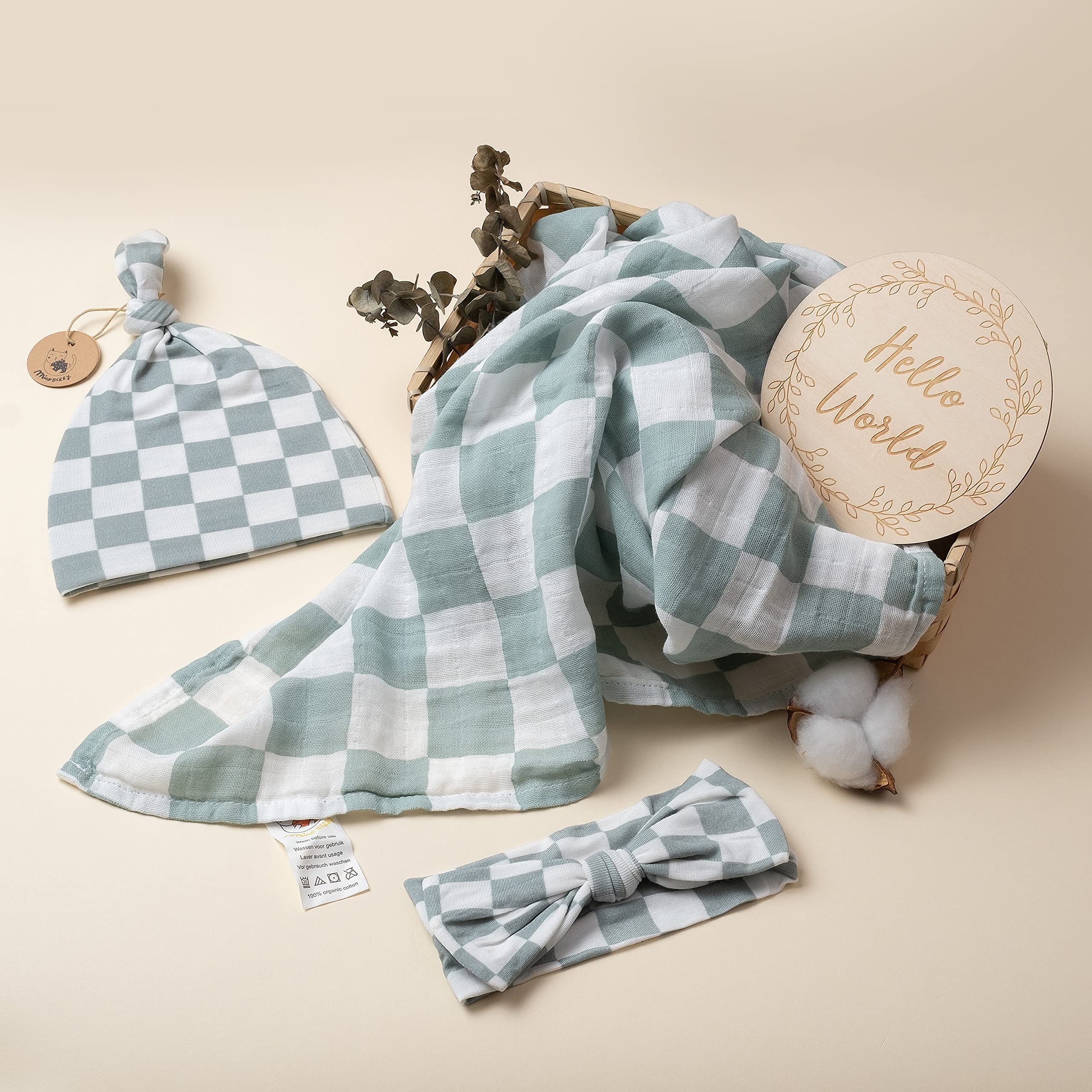 Miaoberry 100% Organic Muslin Swaddle Set| Sage Green Checkered