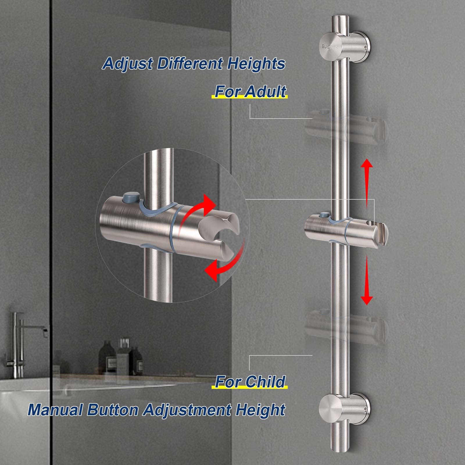 NearMoon Shower Slide Bar with Height/Angle Adjustable Handheld Shower head Holder, Bathroom SUS 304 Stainless Steel Wall-Mounted for Bath (26 Inch, Brushed Nickel)