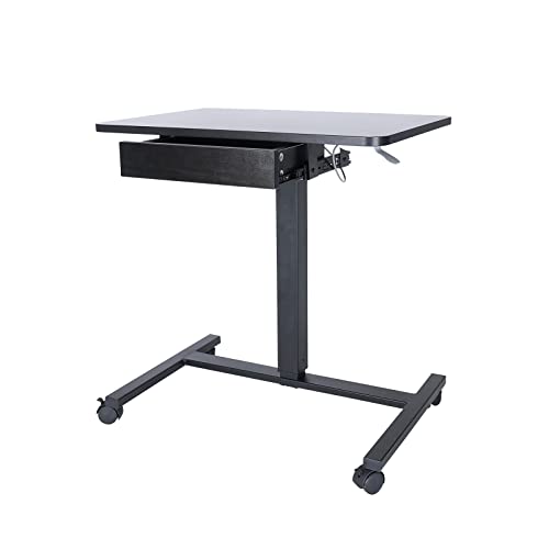 CLATINA Mobile Laptop Standing Desk, Height Adjustable Teacher Podium with Lockable Wheels, Adjustable Work Table with Drawer, Computer Cart Overbed Table for Home Office Classroom, Black