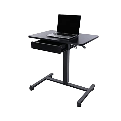 CLATINA Mobile Laptop Standing Desk, Height Adjustable Teacher Podium with Lockable Wheels, Adjustable Work Table with Drawer, Computer Cart Overbed Table for Home Office Classroom, Black