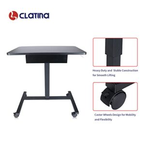 CLATINA Mobile Laptop Standing Desk, Height Adjustable Teacher Podium with Lockable Wheels, Adjustable Work Table with Drawer, Computer Cart Overbed Table for Home Office Classroom, Black