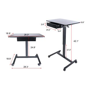 CLATINA Mobile Laptop Standing Desk, Height Adjustable Teacher Podium with Lockable Wheels, Adjustable Work Table with Drawer, Computer Cart Overbed Table for Home Office Classroom, Black