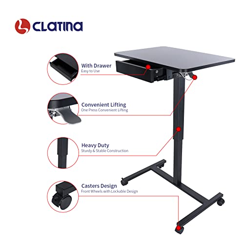 CLATINA Mobile Laptop Standing Desk, Height Adjustable Teacher Podium with Lockable Wheels, Adjustable Work Table with Drawer, Computer Cart Overbed Table for Home Office Classroom, Black