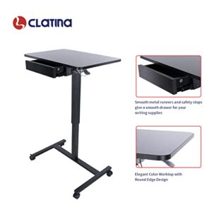 CLATINA Mobile Laptop Standing Desk, Height Adjustable Teacher Podium with Lockable Wheels, Adjustable Work Table with Drawer, Computer Cart Overbed Table for Home Office Classroom, Black