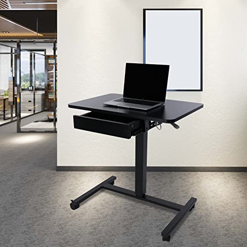 CLATINA Mobile Laptop Standing Desk, Height Adjustable Teacher Podium with Lockable Wheels, Adjustable Work Table with Drawer, Computer Cart Overbed Table for Home Office Classroom, Black