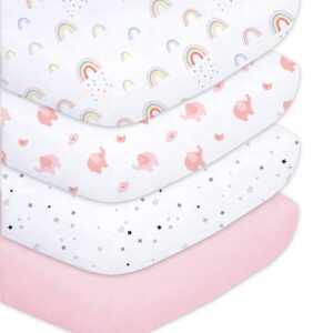 plushii crib sheets for baby girls 4 pack, 28"x 52" extra soft microfiber crib sheet set for standard crib & toddler mattress pad, rainbow & elephant & stars & pink