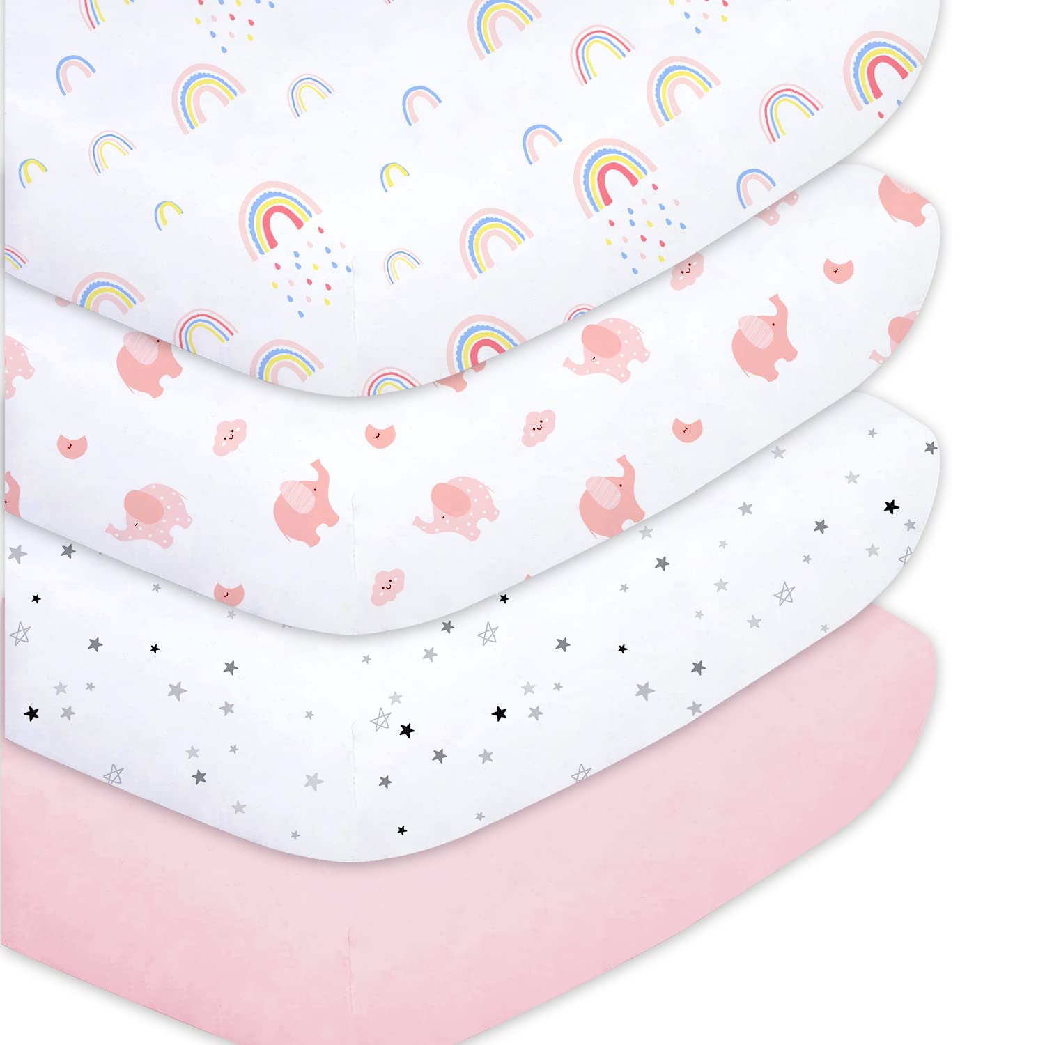 Plushii Crib Sheets for Baby Girls 4 Pack, 28"x 52" Extra Soft Microfiber Crib Sheet Set for Standard Crib & Toddler Mattress Pad, Rainbow & Elephant & Stars & Pink