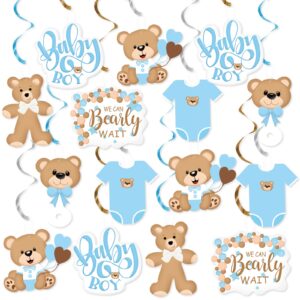 20pcs blue bear baby shower party hanging swirls decorations, we can bearly wait baby shower decorations for boy, foil ceiling swirls teddy bear them hanging decor streamers birthday party supplies