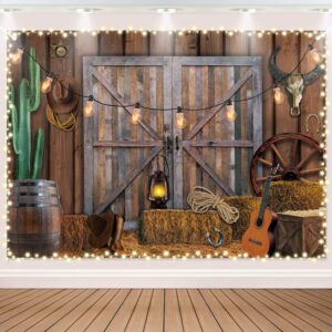 7 x 5 ft western cowboy backdrop, western party decorations supplies wild west decor rustic wooden house warehouse barn photography background for kids boy children baby birthday banner photo booth