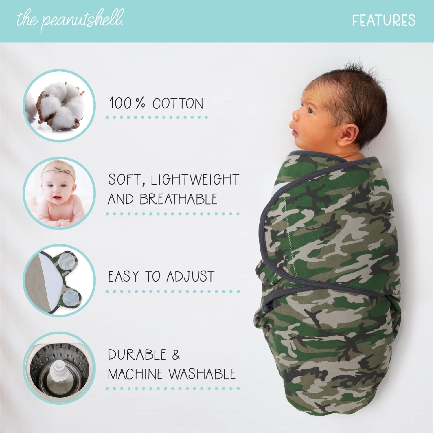 The Peanutshell Swaddle Set for Baby Boys - Camo & Elephant - 3 Pack (Small/Medium | 0-3 Months)