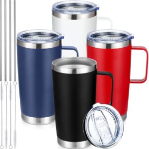 4 pcs 20 oz tumbler mug with lid and straw, insulated travel coffee mug with handle, double wall vacuum travel mug stainless steel sublimation tumbler thermal cups, black, blue, white, red