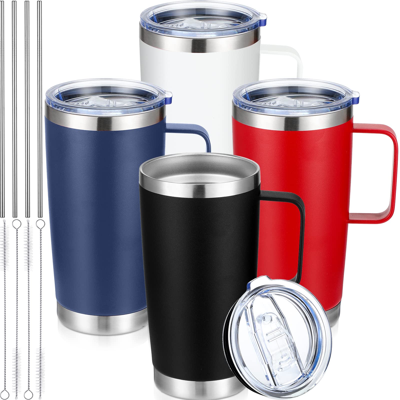 4 Pcs 20 oz Tumbler Mug with Lid and Straw, Insulated Travel Coffee Mug with Handle, Double Wall Vacuum Travel Mug Stainless Steel Sublimation Tumbler Thermal Cups, Black, Blue, White, Red