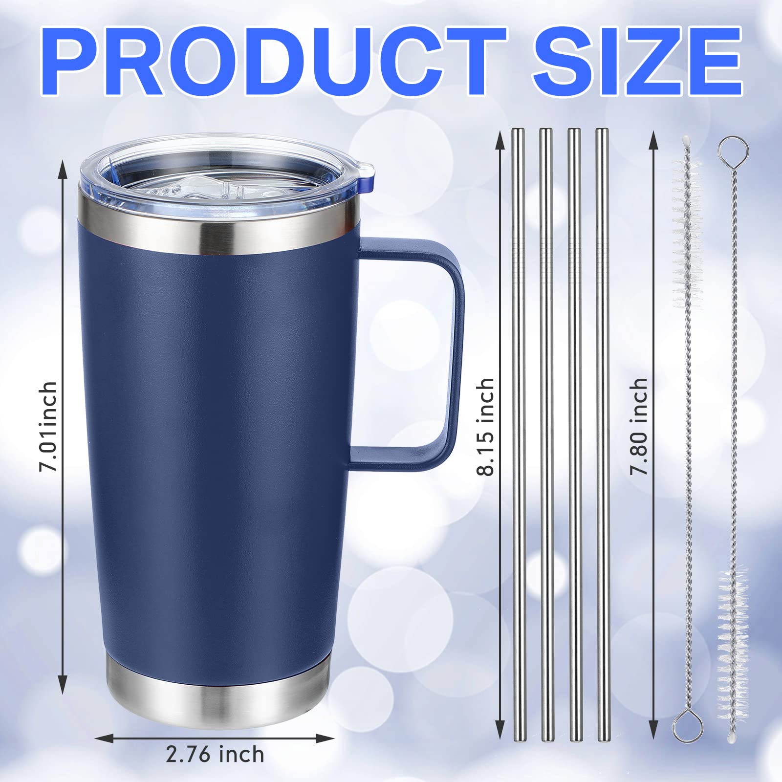 4 Pcs 20 oz Tumbler Mug with Lid and Straw, Insulated Travel Coffee Mug with Handle, Double Wall Vacuum Travel Mug Stainless Steel Sublimation Tumbler Thermal Cups, Black, Blue, White, Red