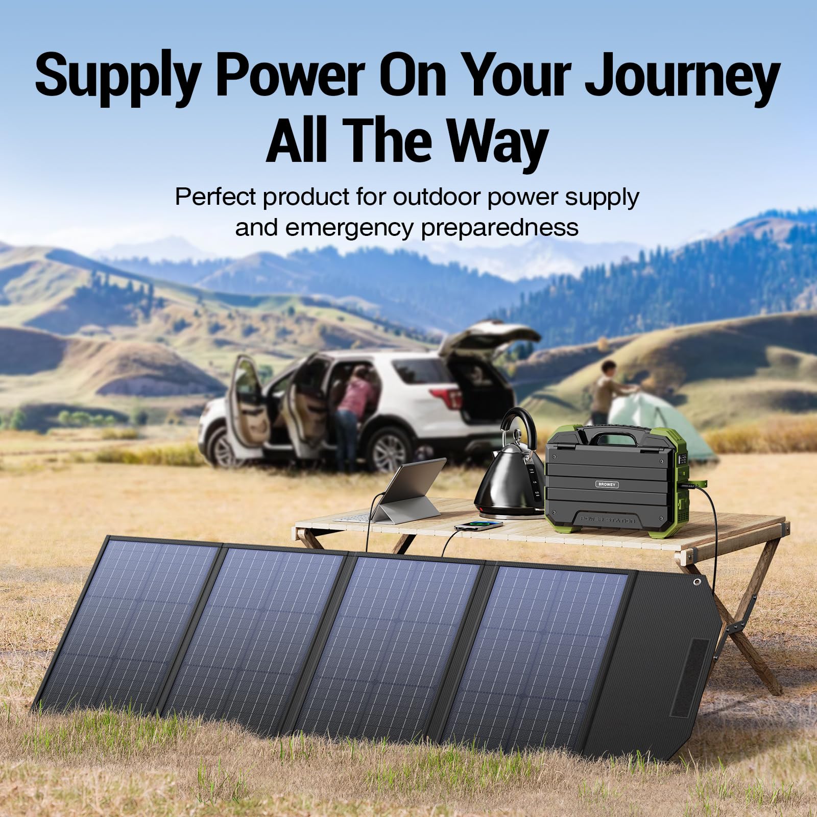 BROWEY 120Watt Portable Solar Panel for Power Station, IP68 Waterproof Solar Charger with Adjustable Stand Foldable for Outdoor RV Camping Van Off-Grid Solar Backup