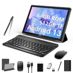 2024 newest 10 inch tablet,3 in 1 tablet with keyboard mouse pen, android 13 tablet 4g cellular with 2 sim 1 sd-64gb rom tf max 512gb,octa-core,1080 fhd,13mp,gms-zertifizierung,gps/ wifi/ bt(black)