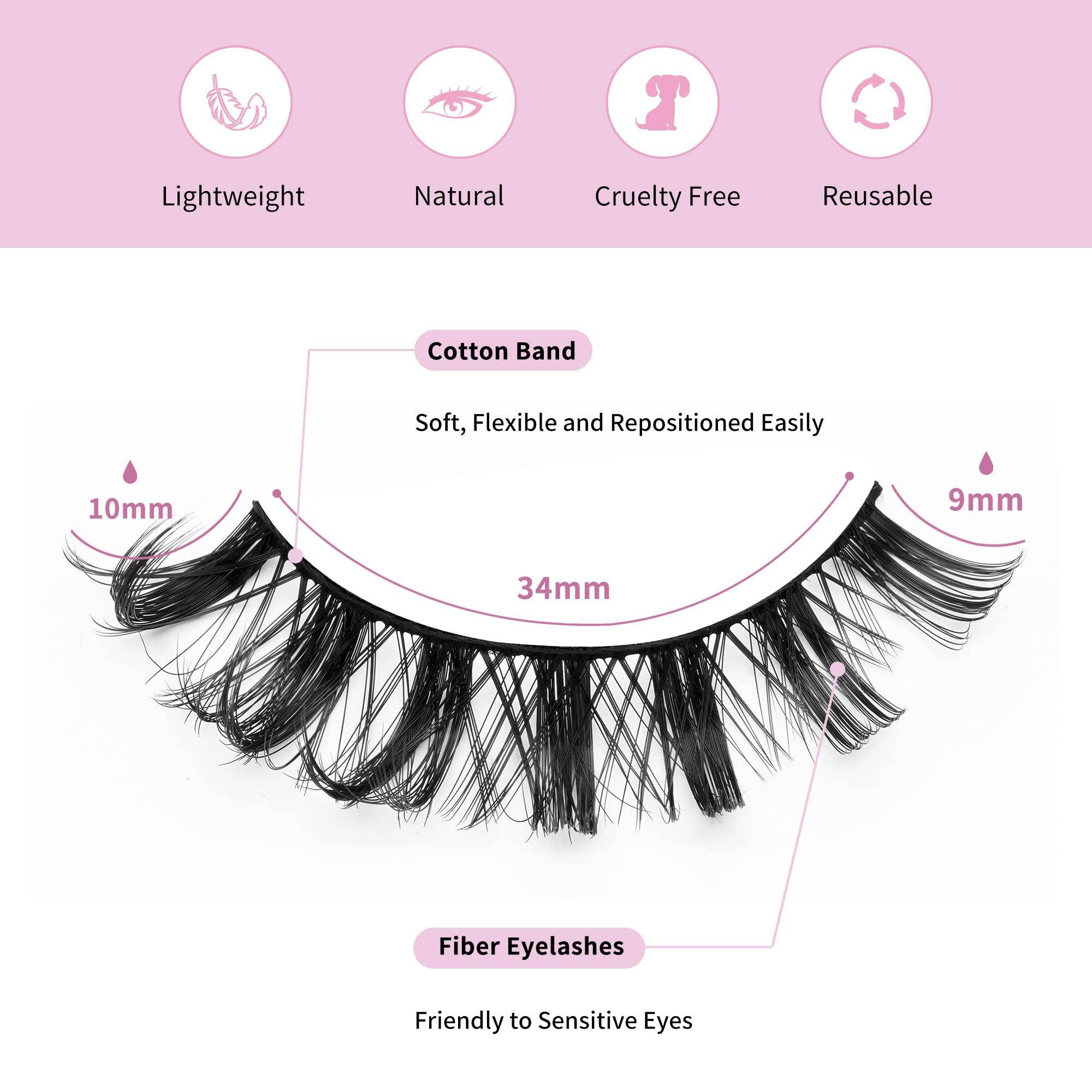 Kanviensl False Eyelashes 10 Pairs Russian Strip Lashes Russian Lashes 3D Effect D Curl 10MM Reusable Lightweight Fake Eyelashes Ideal for Girls Daily Use