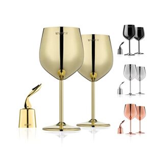 wotor gold wine glasses set of 2 with wine stopper, 18oz unbreakable gold goblet, stainless steel wine glass, fancy, unique and portable metal wine glass, ideal gift for wine lovers