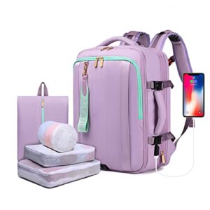 ai en jiu travel backpack for women men, 50l expandable carry on backpack 17.3 inch laptop backpack with usb port, waterproof business luggage traveling backpack with 3 mesh bags & 1 shoe bag, purple