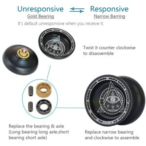 Professional Responsive Yoyo, Aluminum Yo Yo for Kids Beginner, Replacement Unresponsive Ball Bearing for Advanced Yoyo Players + 1 Glove + 5 Yoyo Strings (Black)