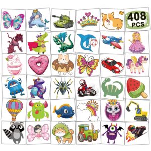 charlent 408 pcs individually wrapped temporary tattoos for kids - mixed tattoos for kids birthday party favors goodie bag fillers